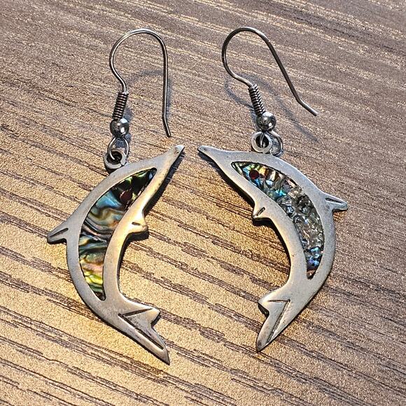 Vintage Alpaca Silver Dolphin Earrings with Abalone Inlay - Picture 1 of 6